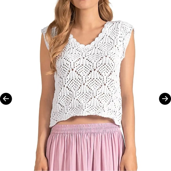 Elan Open Knit White Crochet Cap Sleeve Sweater Top Blouse Small - Picture 1 of 11